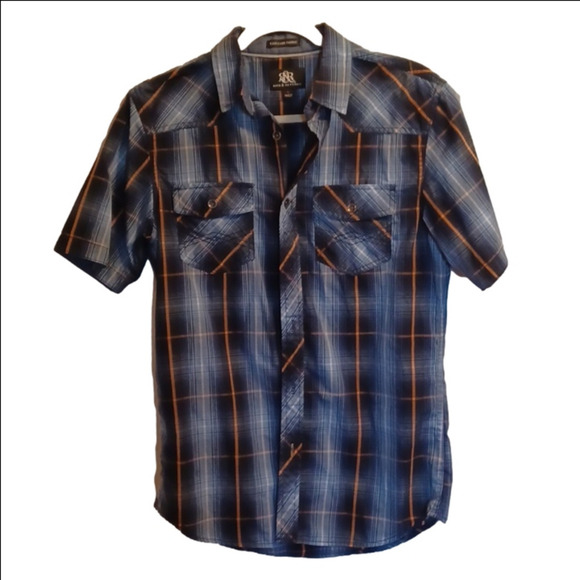 ROCK & REPUBLIC, MENS SHORT SLEEVE BLUE PLAID, SIZE SMALL. - Picture 1 of 7
